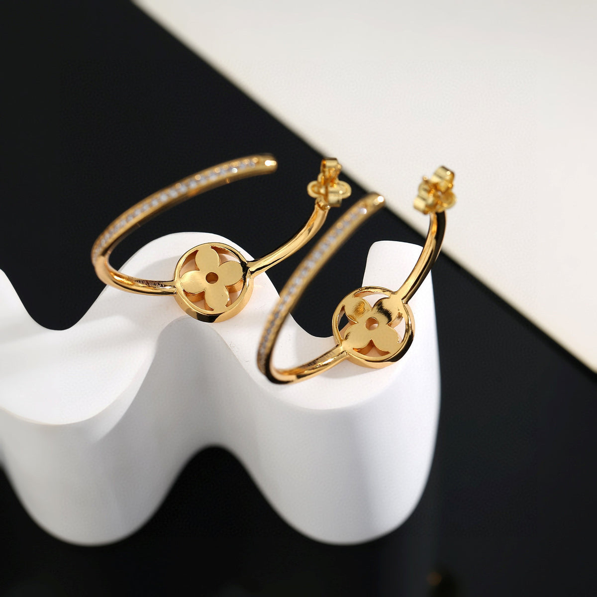 Letter Emblem Stud Earrings in Polished Metal-Tone – Design 051 side detail