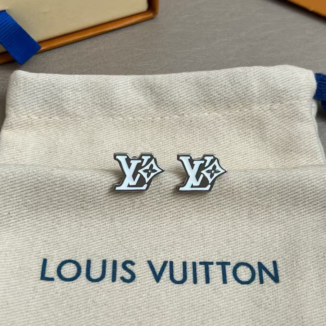 Letter Emblem Stud Earrings in Polished Metal-Tone – Design 050 front product view