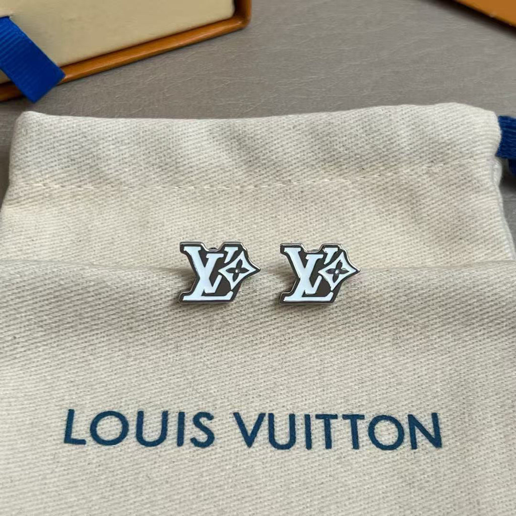Letter Emblem Stud Earrings in Polished Metal-Tone – Design 042 front product view