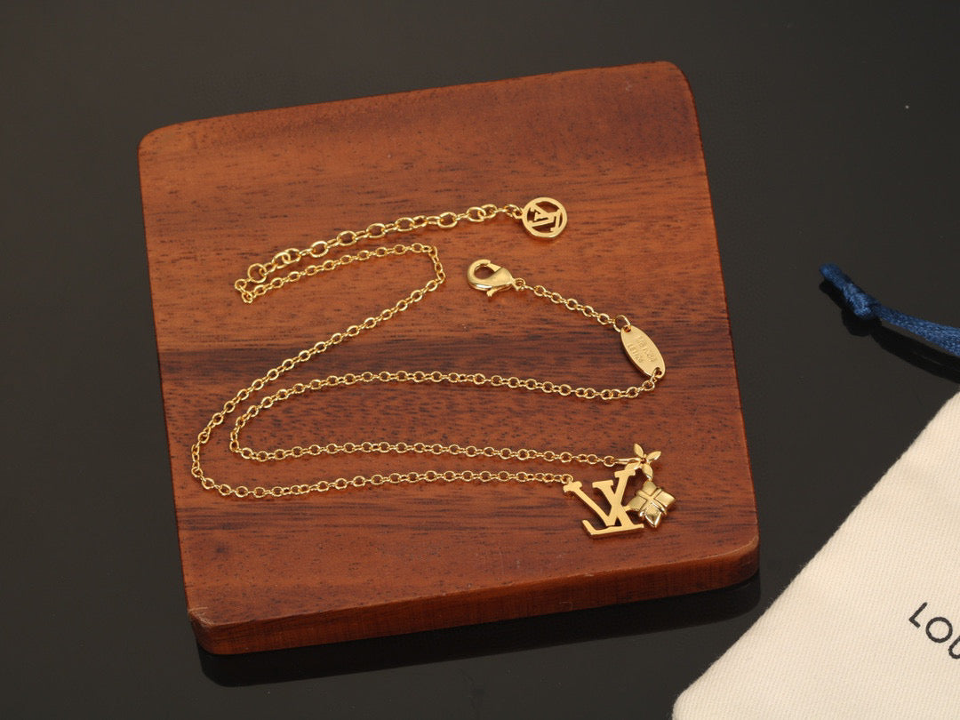 Letter Emblem Pendant Necklace in Polished Metal-Tone – Design 026 front product view