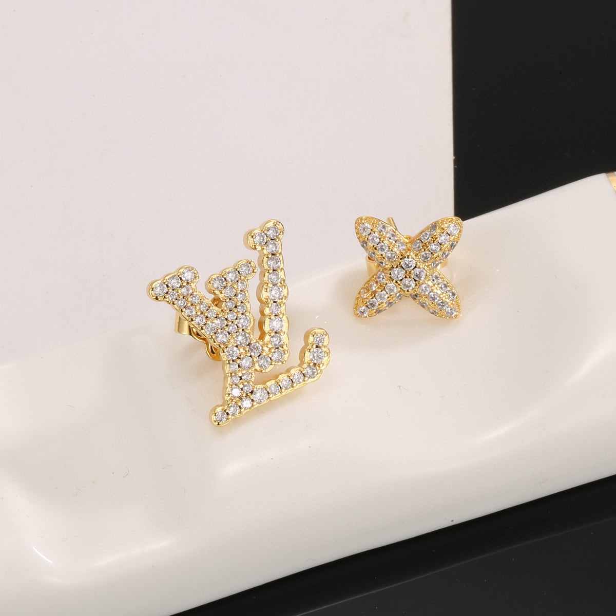 Geometric Emblem Stud Earrings in Polished Metal-Tone – Design 032 styled product view