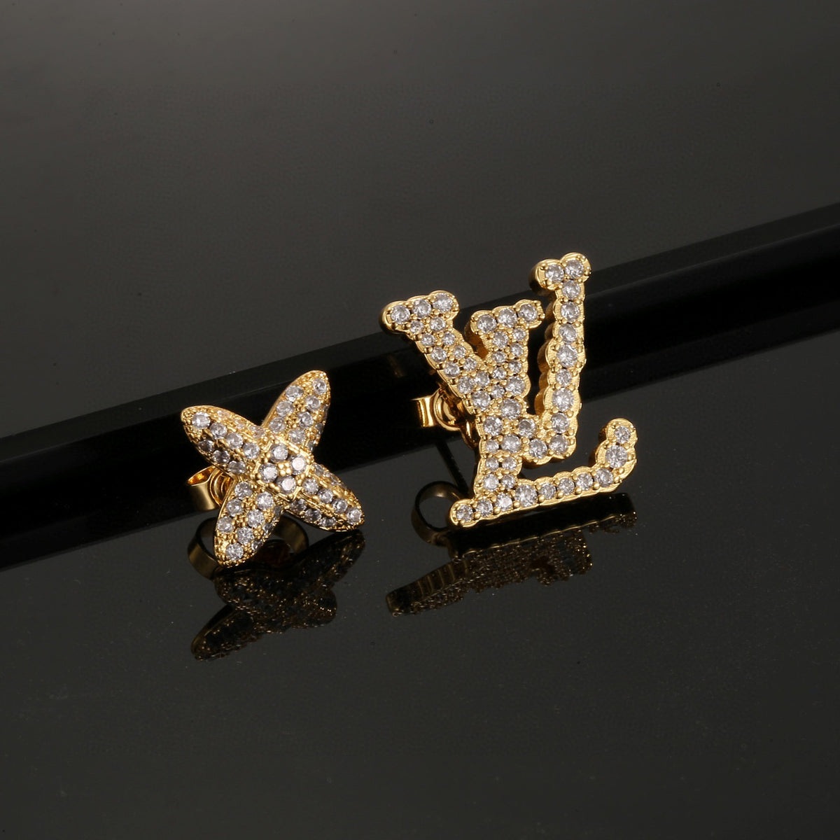 Geometric Emblem Stud Earrings in Polished Metal-Tone – Design 043 detail view