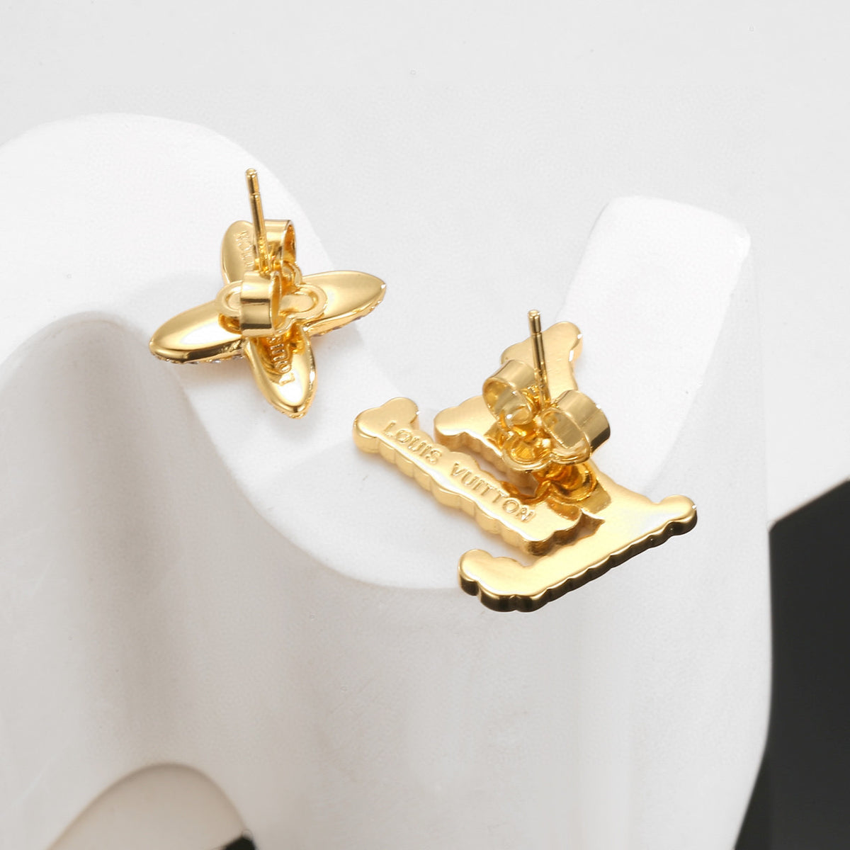 Geometric Emblem Stud Earrings in Polished Metal-Tone – Design 048 close-up detail