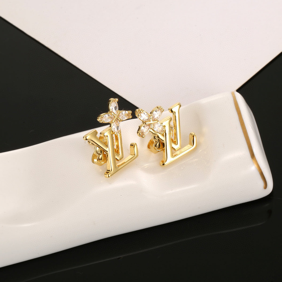 Geometric Emblem Stud Earrings in Polished Metal-Tone – Design 047 styled product view