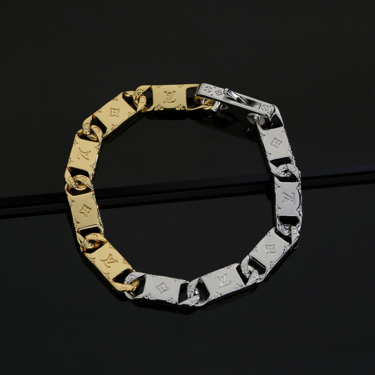 Letter Emblem Bracelet in Polished Metal-Tone – Design 031 side detail