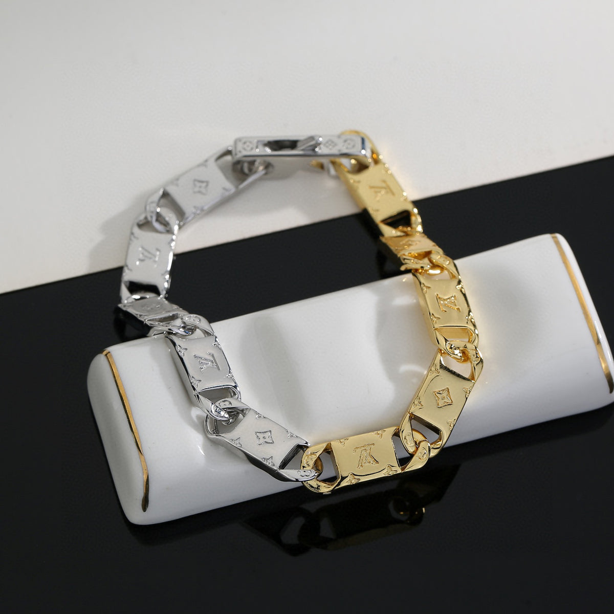 Letter Emblem Bracelet in Polished Metal-Tone – Design 031 styled product view