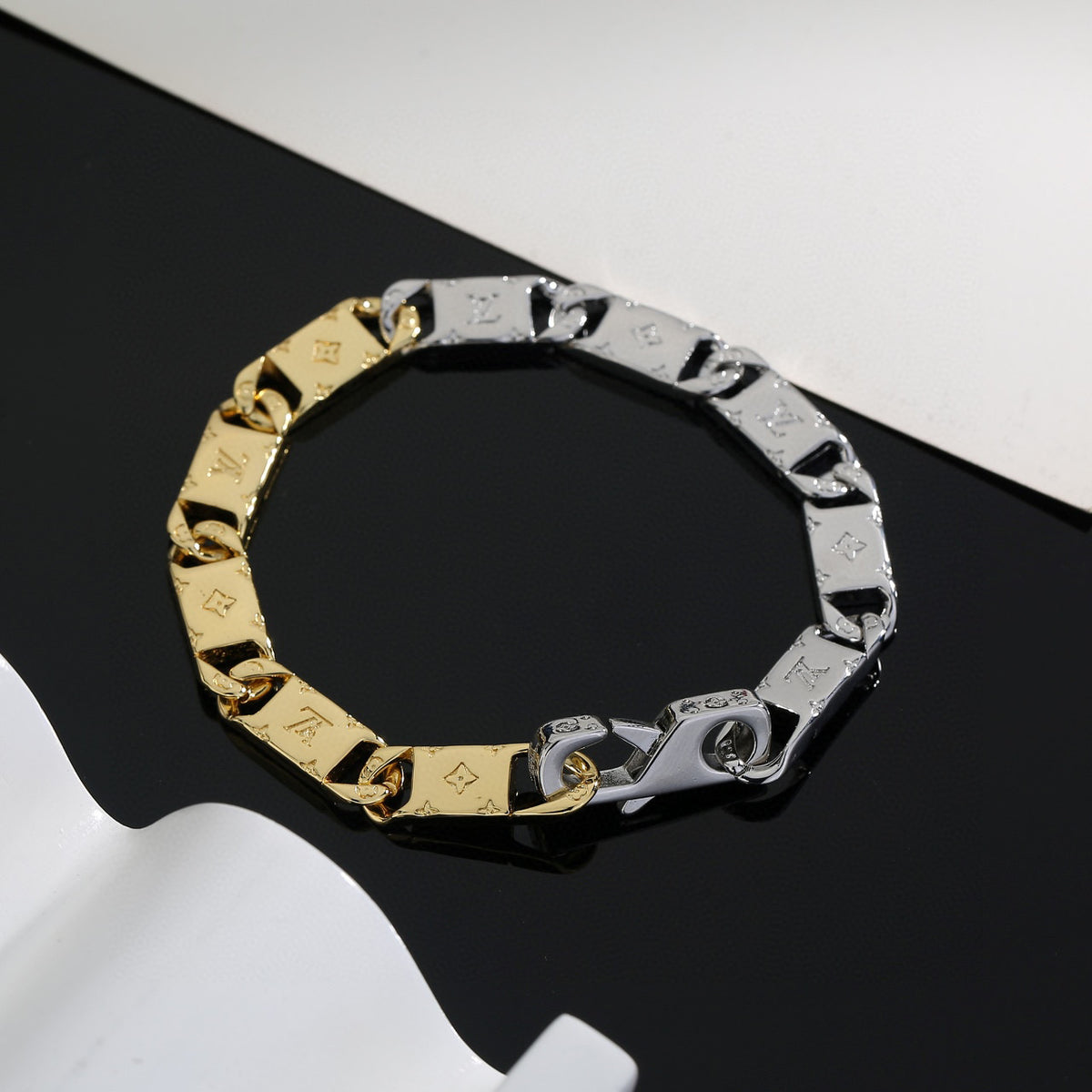 Letter Emblem Bracelet in Polished Metal-Tone – Design 031 front product view