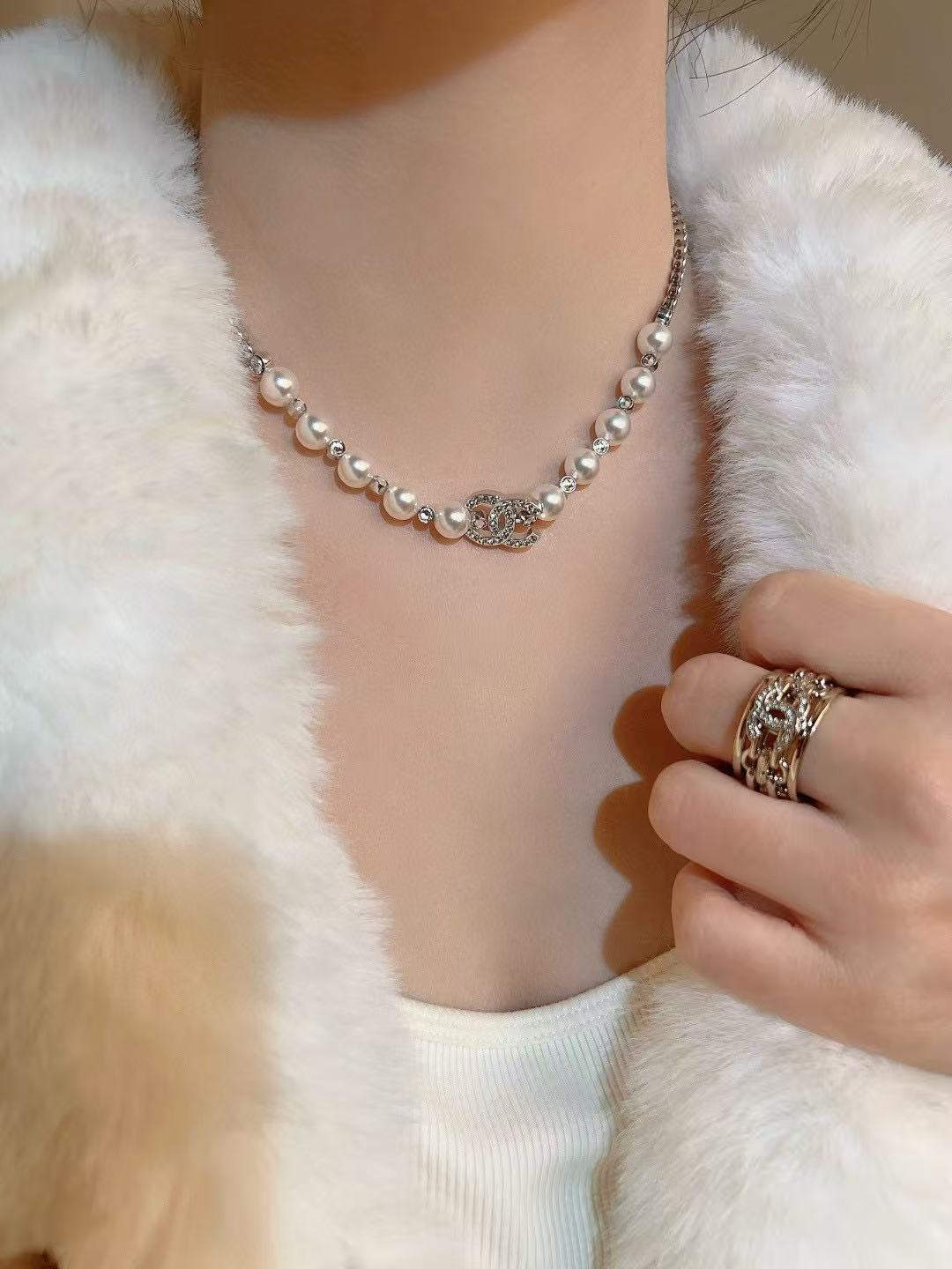Double-C Emblem Pearl-Detail Pendant Necklace – Pearl Detail – Design 080 styled product view