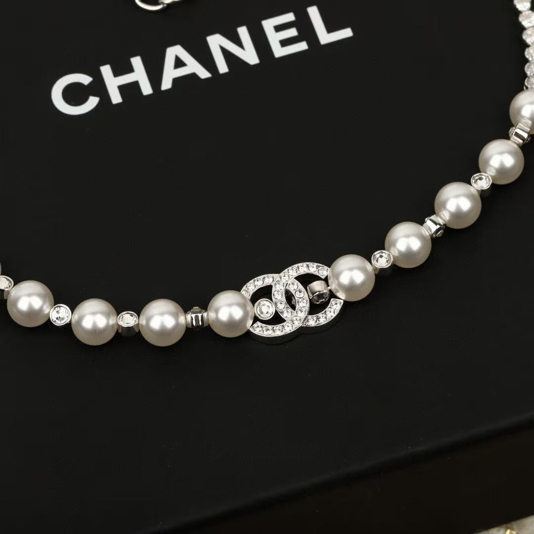 Double-C Emblem Pearl-Detail Pendant Necklace – Pearl Detail – Design 080 front product view