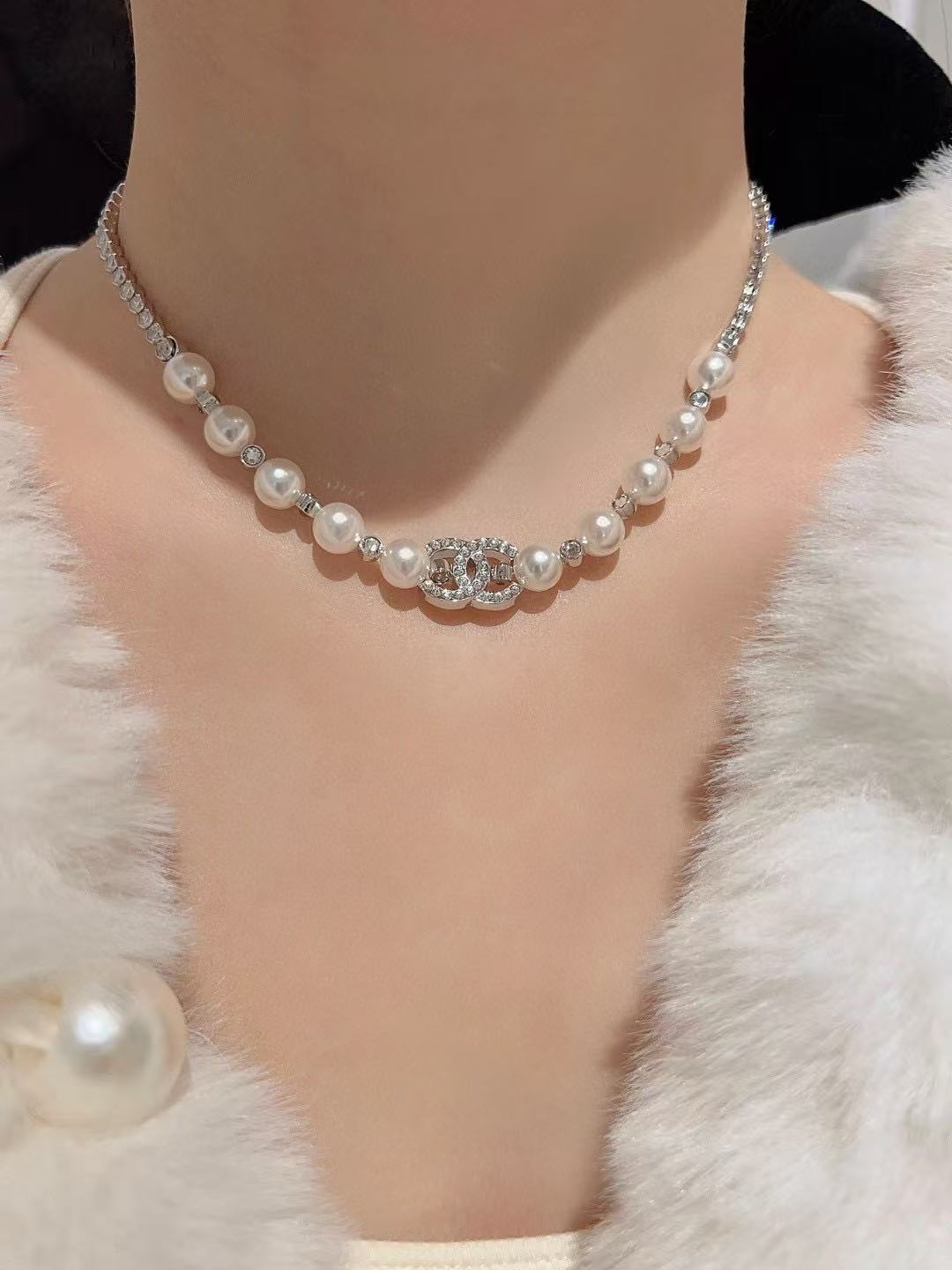 Double-C Emblem Pearl-Detail Pendant Necklace – Pearl Detail – Design 080 main product view