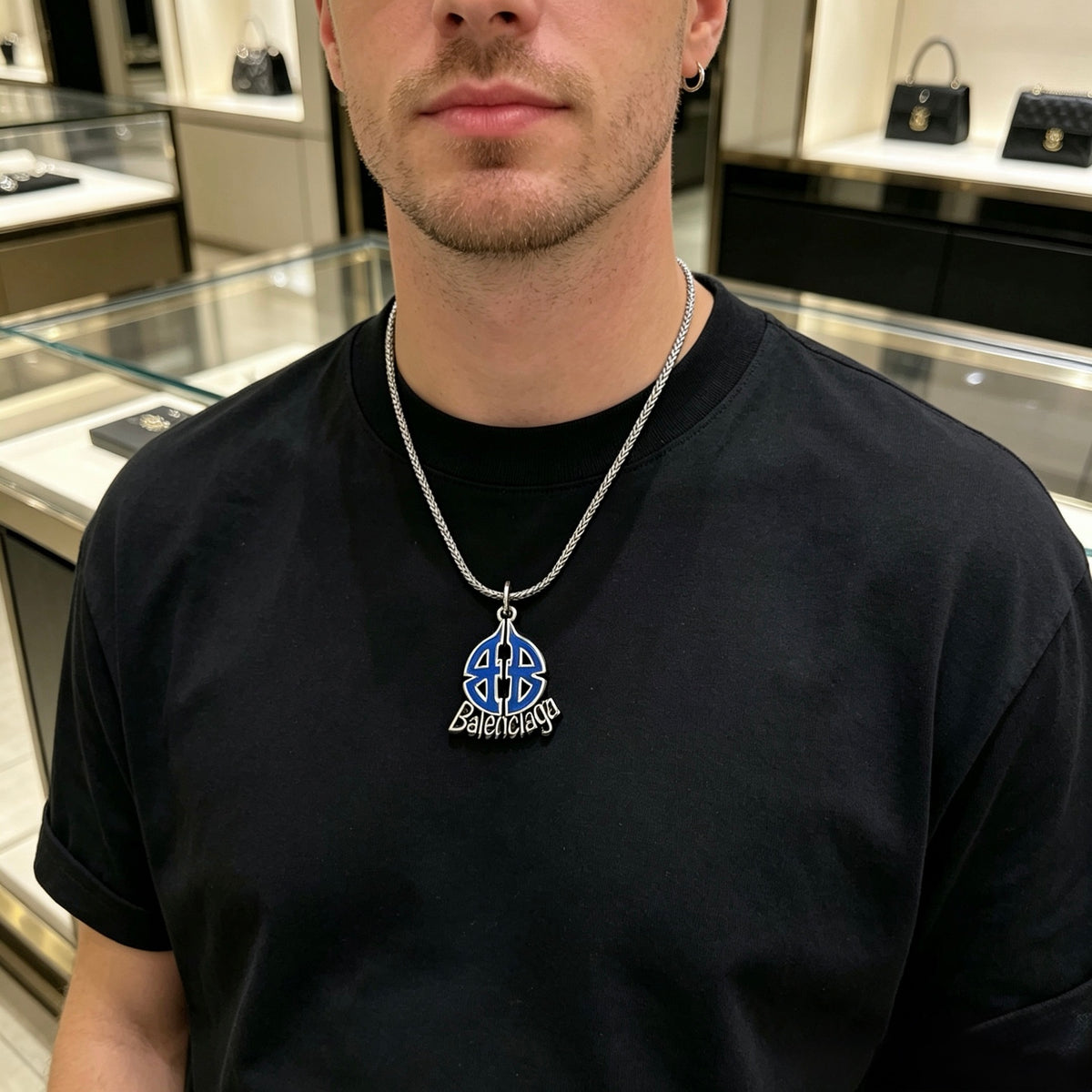 Geometric Emblem Pendant Necklace in Polished Metal-Tone – Vintage Detail – Design 061 styled product view