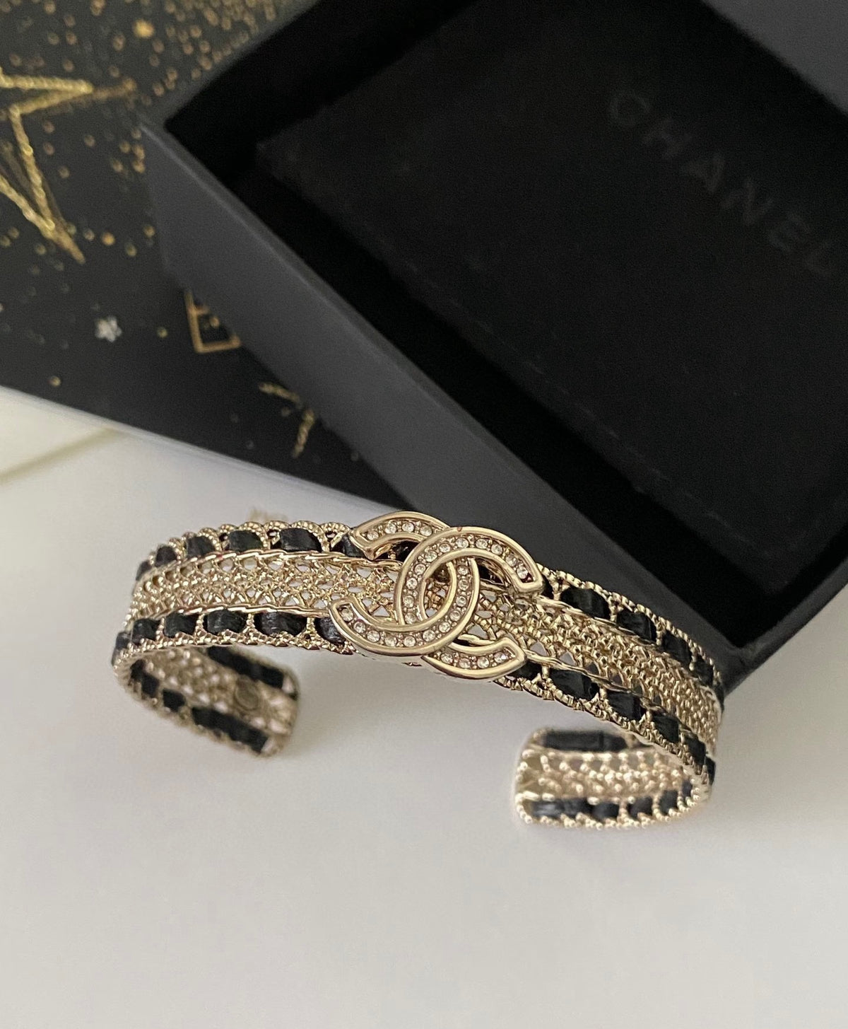 Signature Emblem Bangle in Polished Metal-Tone – Black Detail – Design 005 front product view