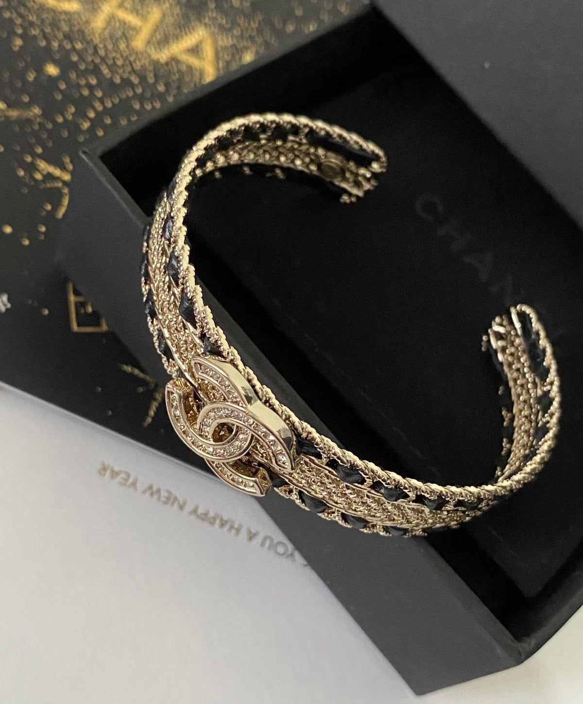 Signature Emblem Bangle in Polished Metal-Tone – Black Detail – Design 008 close-up detail