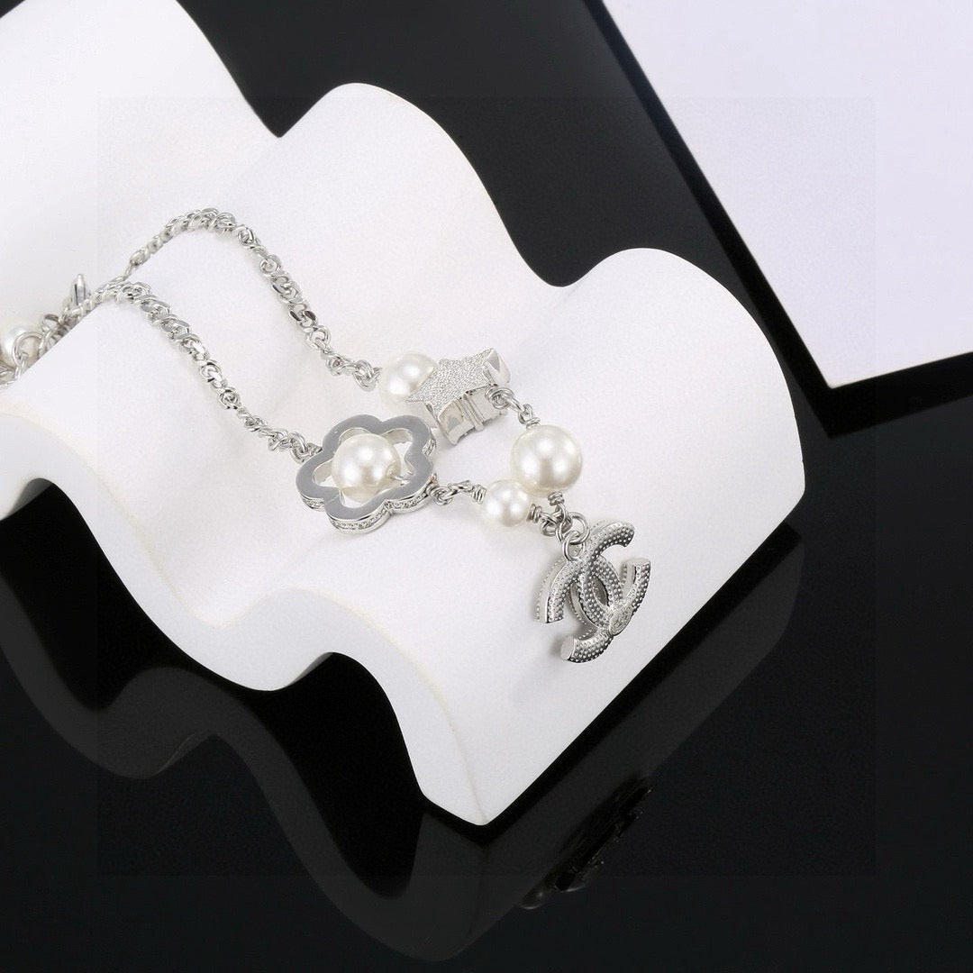 Camellia Bracelet in Polished Metal-Tone – Pearl Detail – Design 004 main product view