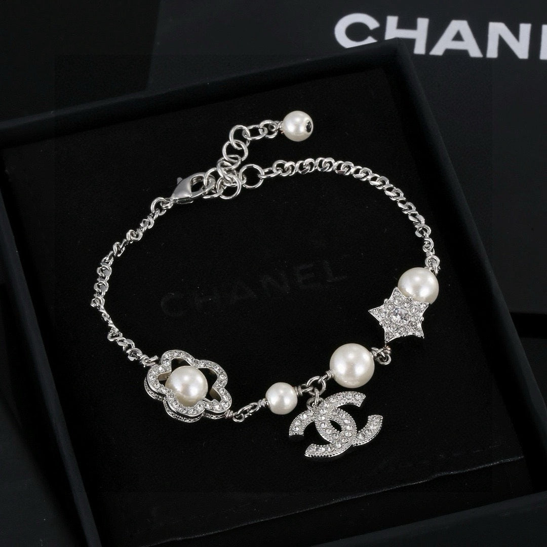 Camellia Bracelet in Polished Metal-Tone – Pearl Detail – Design 004 main product view