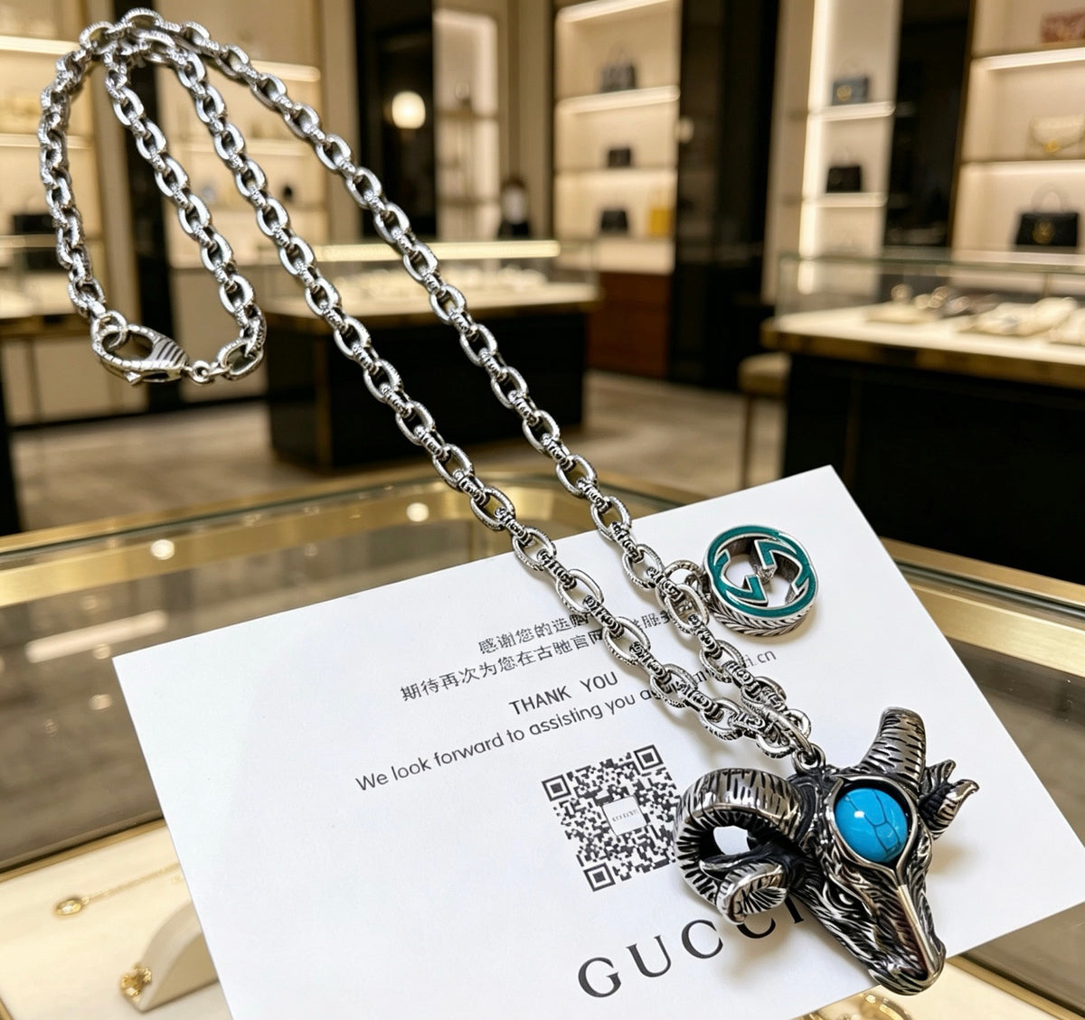Double-G Emblem Pendant Necklace in Polished Metal-Tone – Design 168 close-up detail