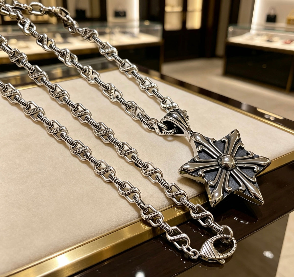 Double-G Emblem Pendant Necklace in Polished Metal-Tone – Design 249 close-up detail