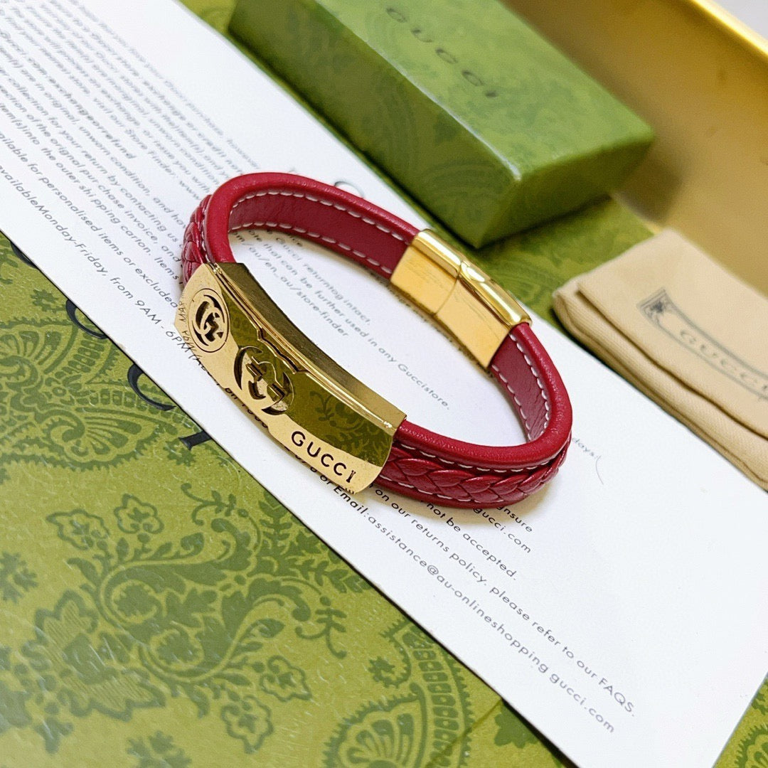 Double-G Emblem Bangle in Polished Metal-Tone – Leather Detail front product view