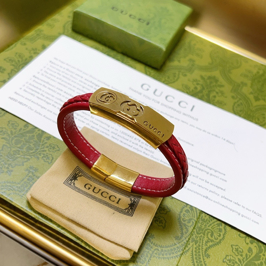 Double-G Emblem Bangle in Polished Metal-Tone – Leather Detail front product view