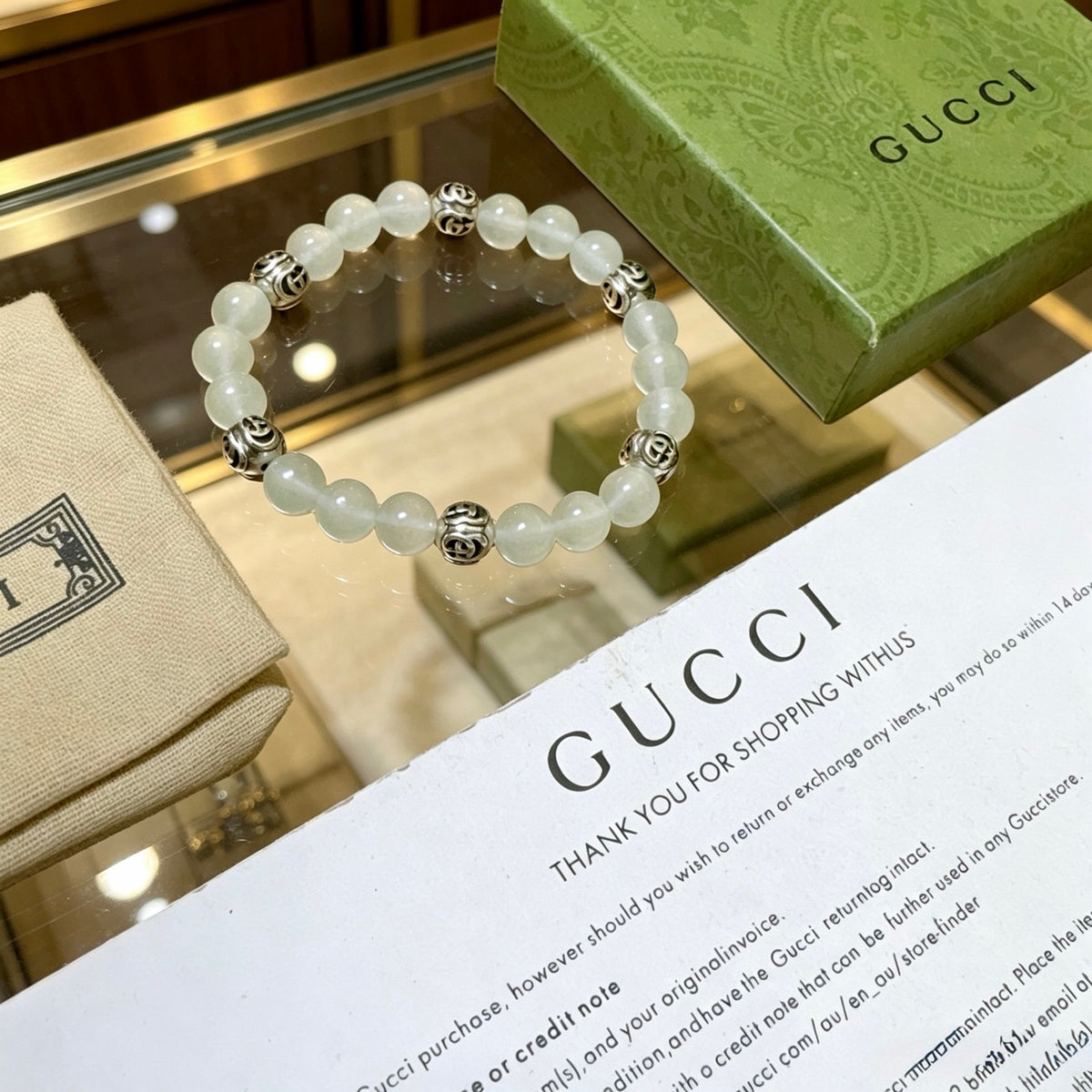 Double-G Emblem Beaded Bracelet in Polished Metal-Tone – Crystal Detail – Design 019 front product view