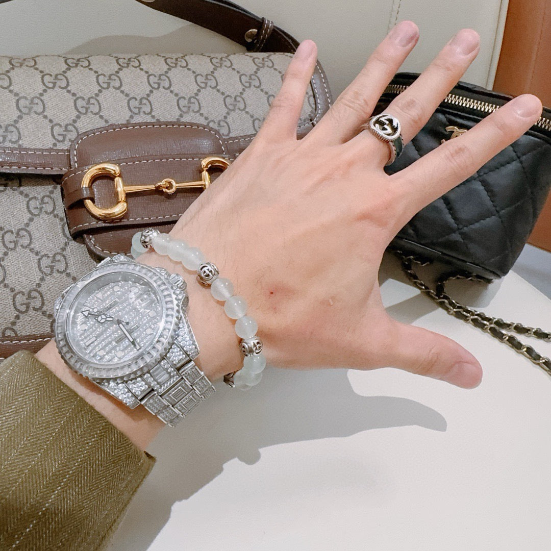 Double-G Emblem Beaded Bracelet in Polished Metal-Tone – Crystal Detail – Design 019 detail view