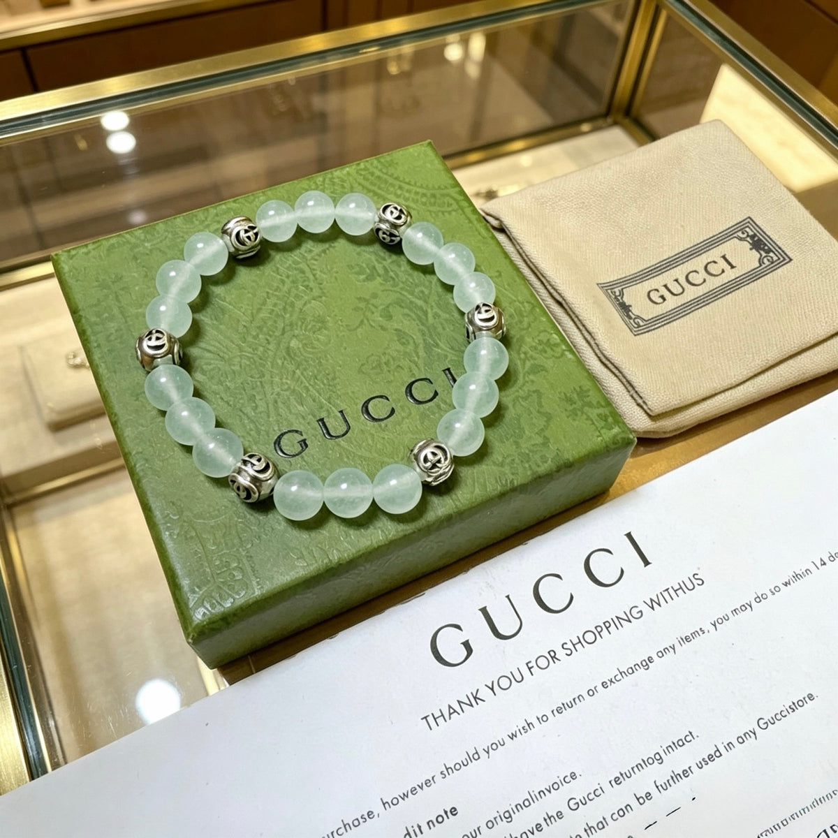 Double-G Emblem Beaded Bracelet in Polished Metal-Tone – Crystal Detail – Design 019 close-up detail