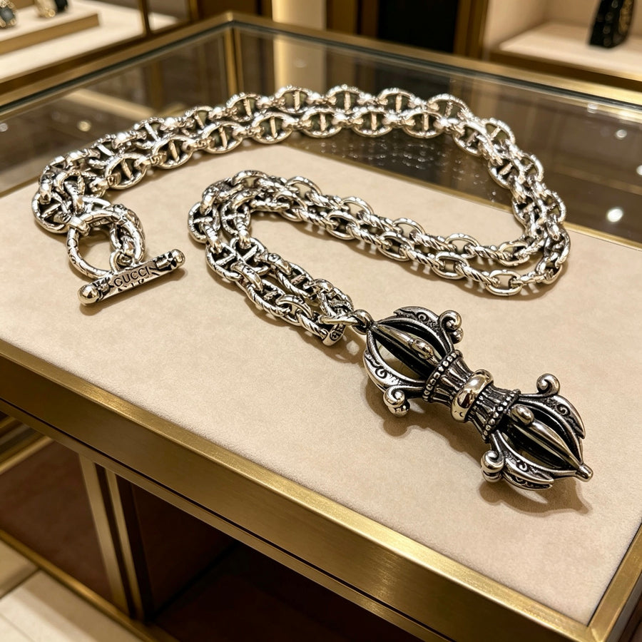 Double-G Emblem Pendant Necklace in Polished Metal-Tone – Vintage Detail – Design 073 main product view