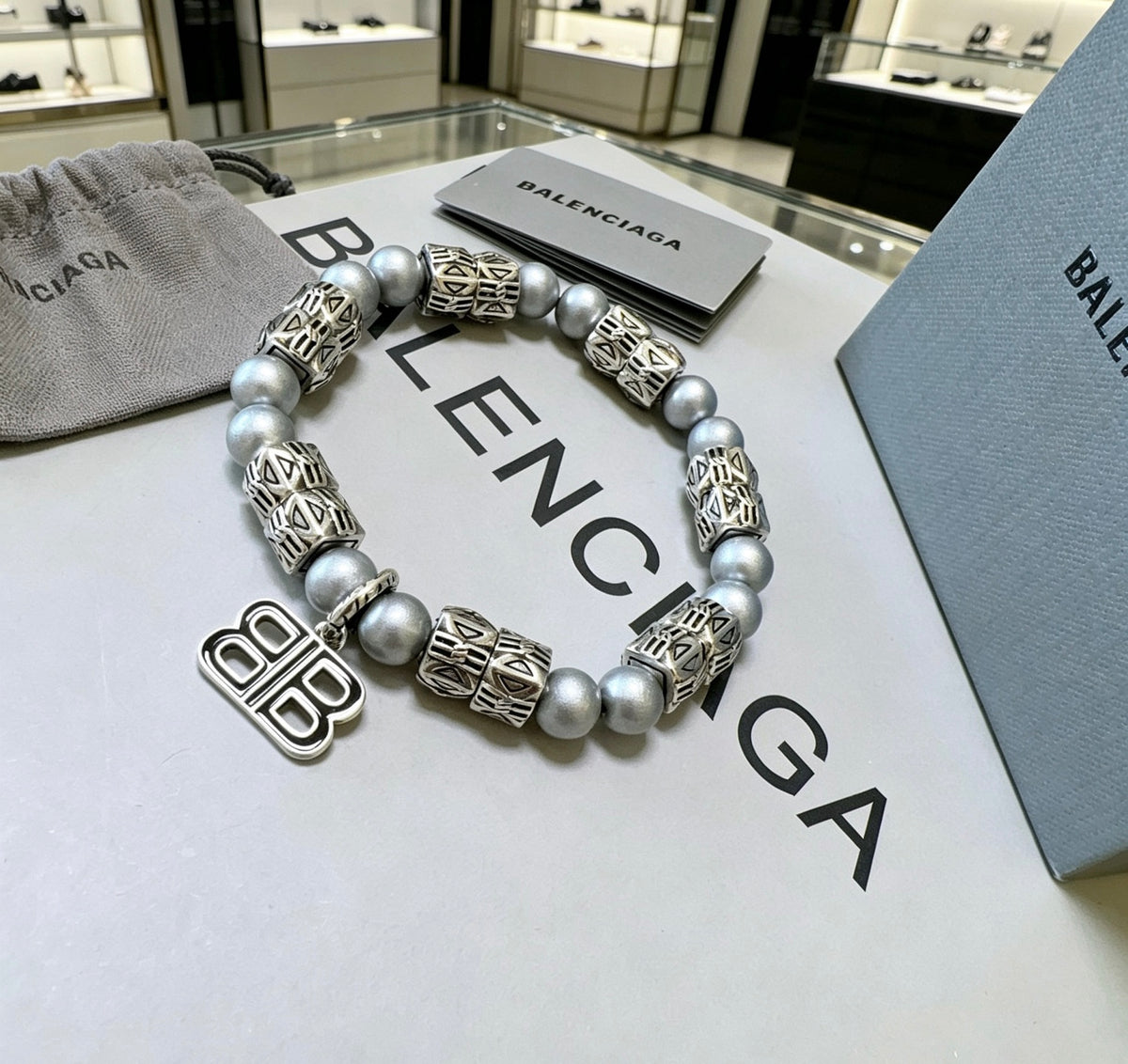 Geometric Emblem Bracelet in Polished Metal-Tone – Pearl Detail main product view