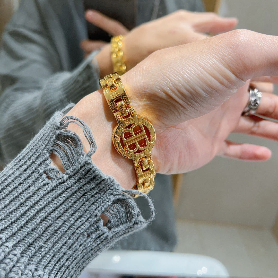 Geometric Emblem Bracelet in Polished Metal-Tone – Design 069 side detail