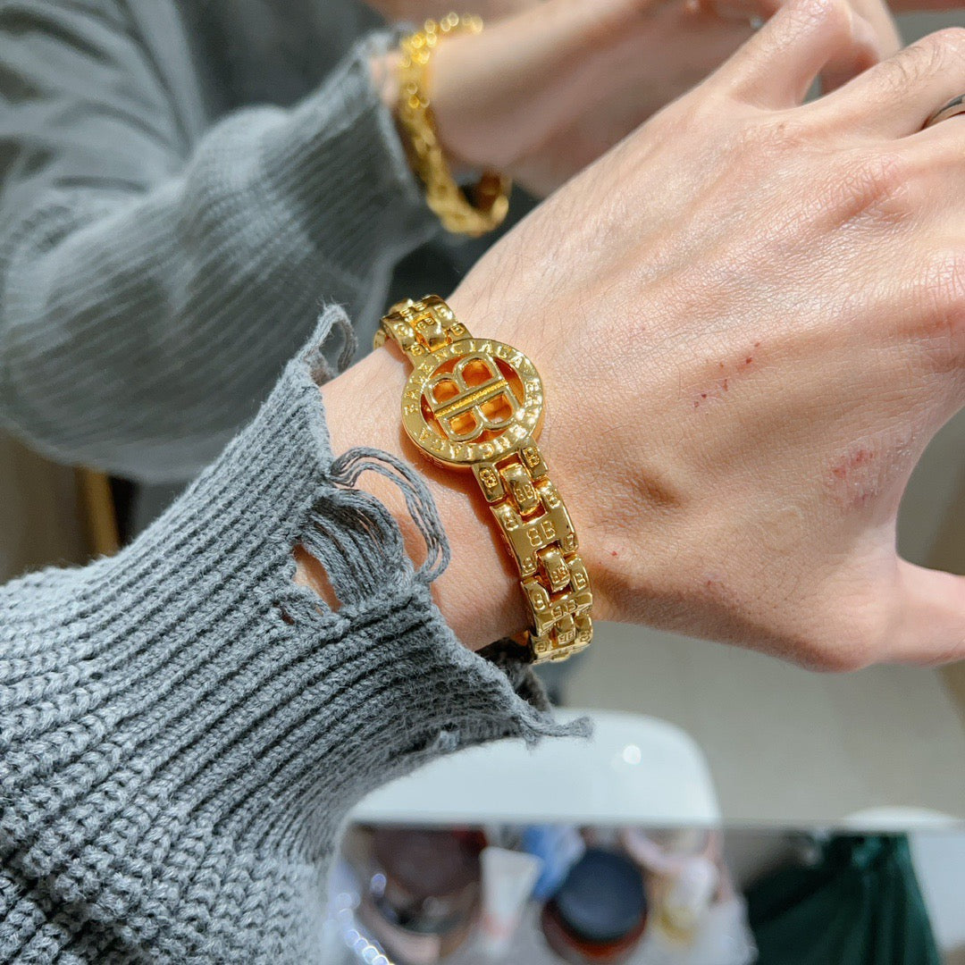 Geometric Emblem Bracelet in Polished Metal-Tone – Design 069 detail view