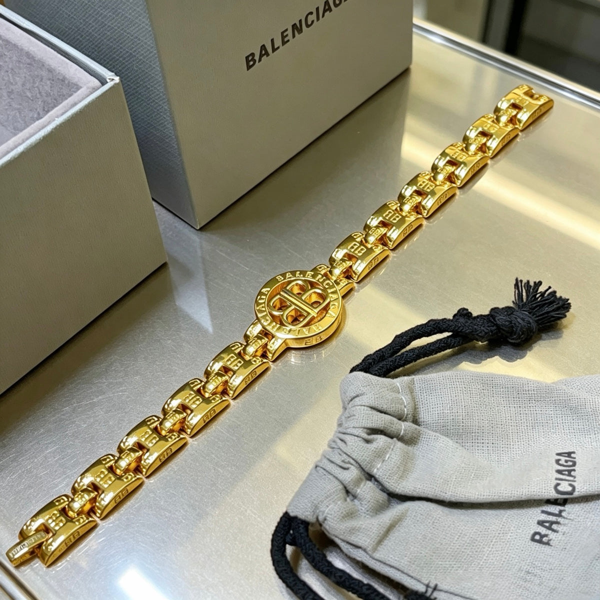 Geometric Emblem Bracelet in Polished Metal-Tone – Design 069 detail view