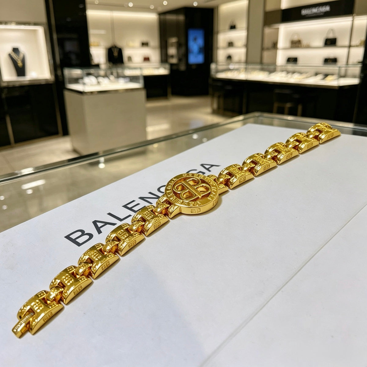 Geometric Emblem Bracelet in Polished Metal-Tone – Design 069 front product view