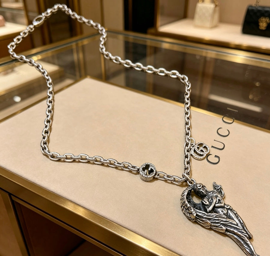 Double-G Emblem Pendant Necklace in Polished Metal-Tone – Vintage Detail – Design 066 main product view