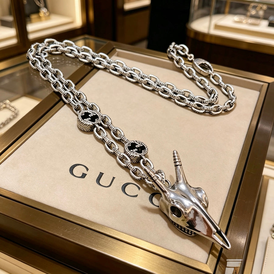 Double-G Emblem Pendant Necklace in Polished Metal-Tone – Vintage Detail – Design 071 main product view