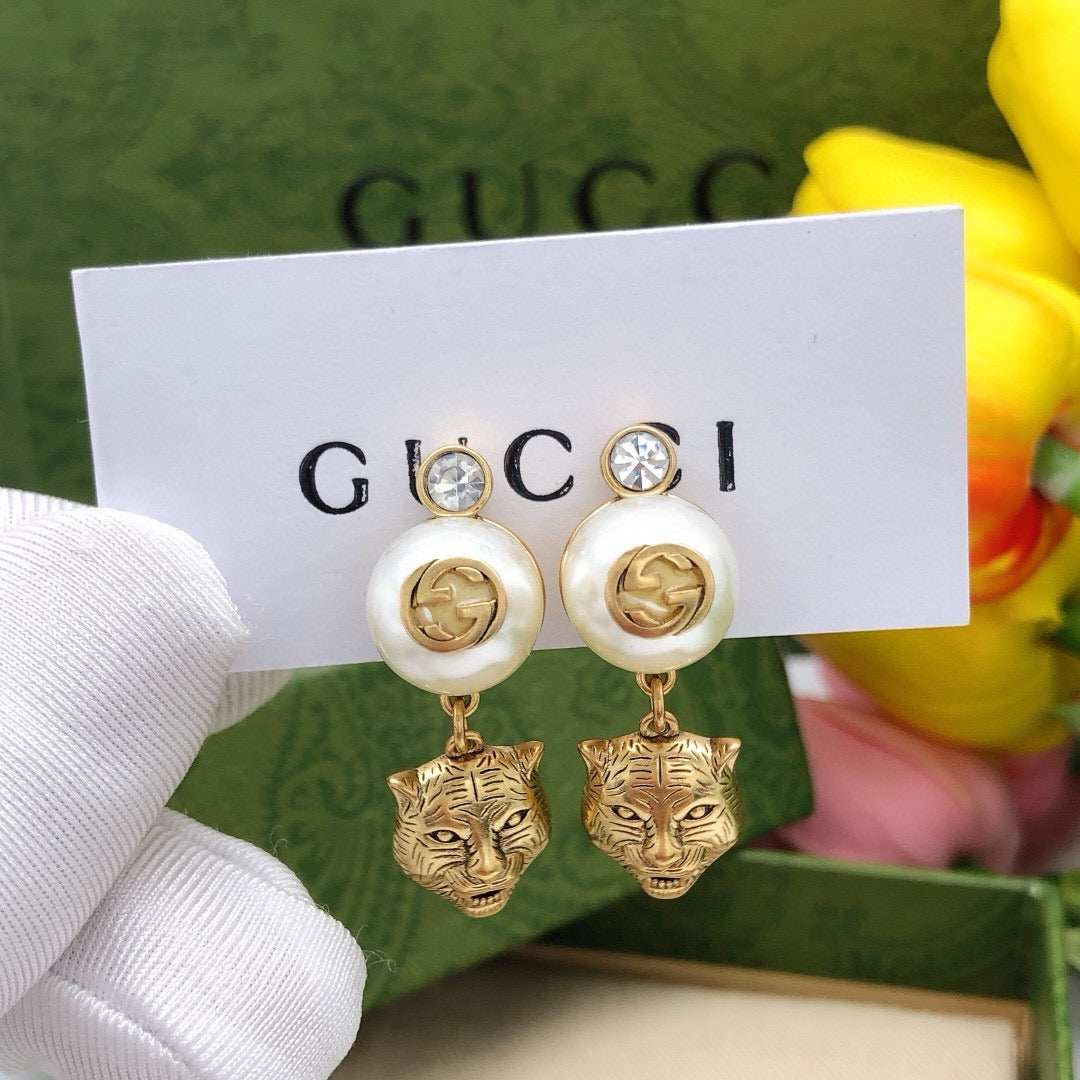 Tiger Head Statement Earrings in Polished Metal-Tone detail view