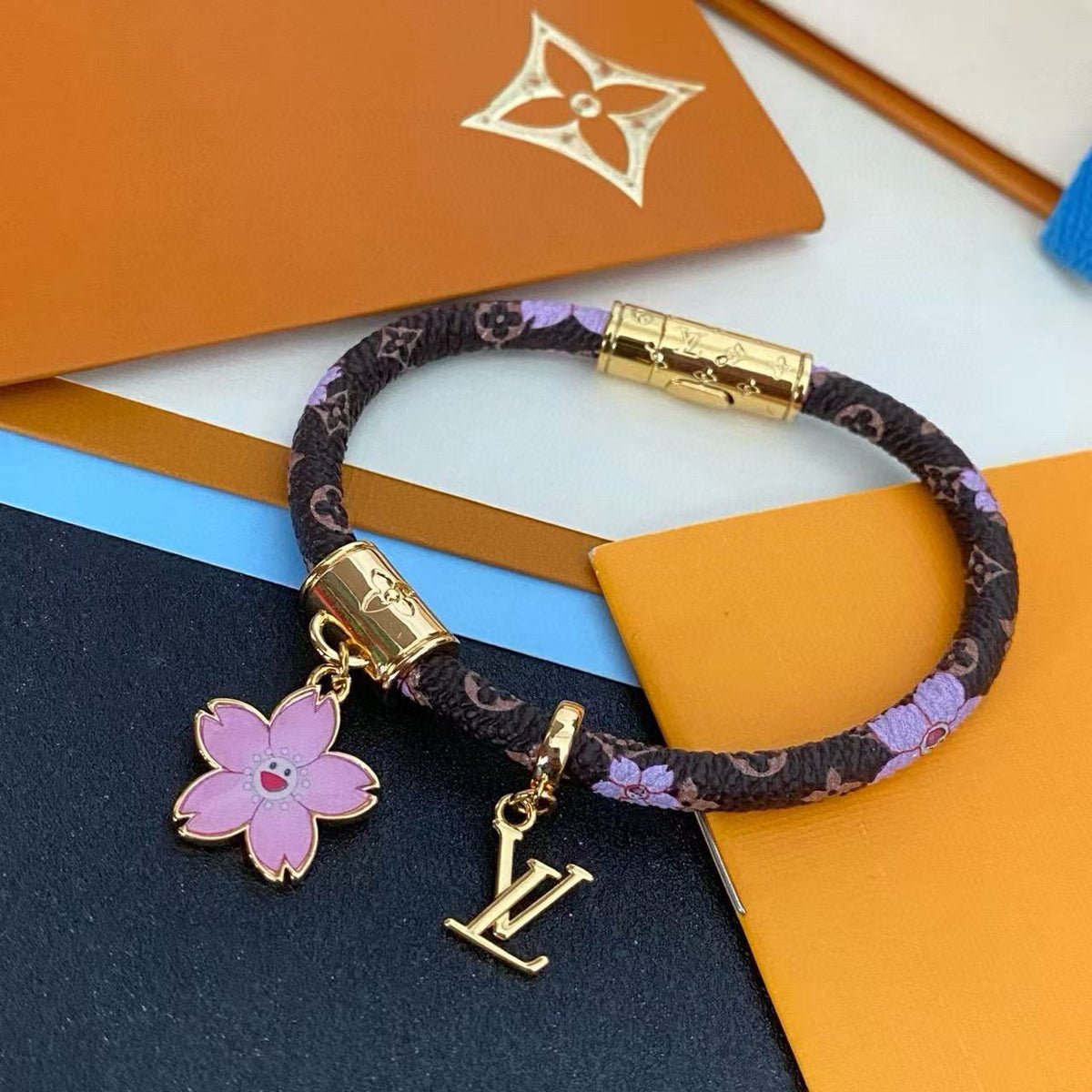 Geometric Emblem Bangle in Gold-Tone – Leather Detail – Design 010 styled product view