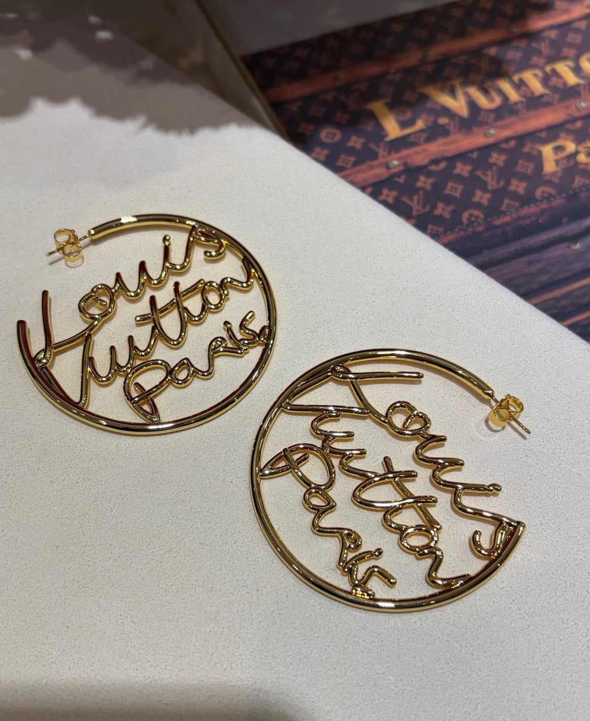 Letter Emblem Stud Earrings in Polished Metal-Tone – Design 045 detail view