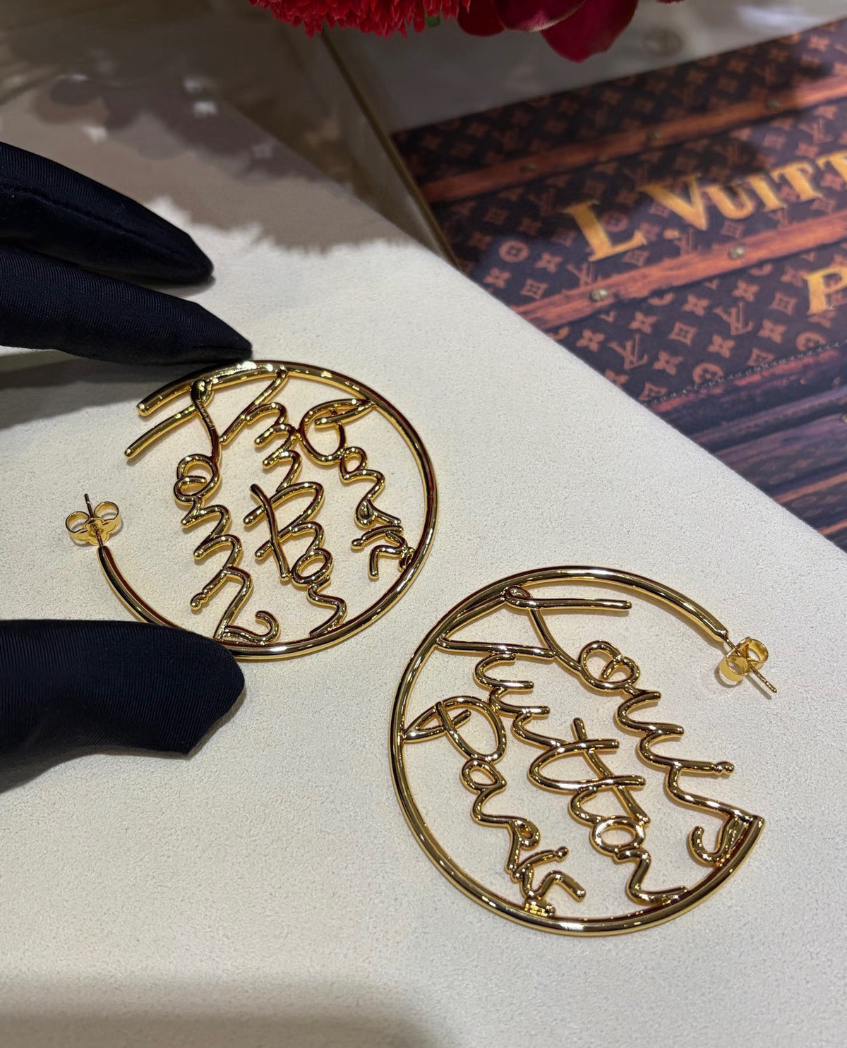Letter Emblem Stud Earrings in Polished Metal-Tone – Design 048 front product view