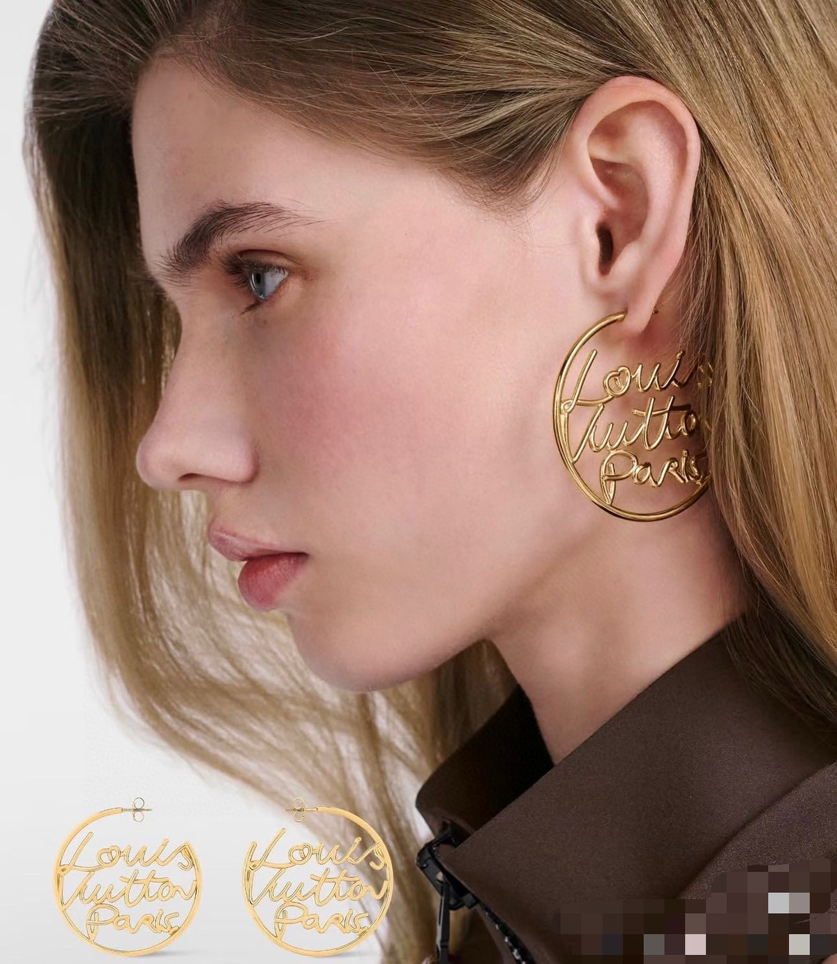 Letter Emblem Stud Earrings in Polished Metal-Tone – Design 048 side detail