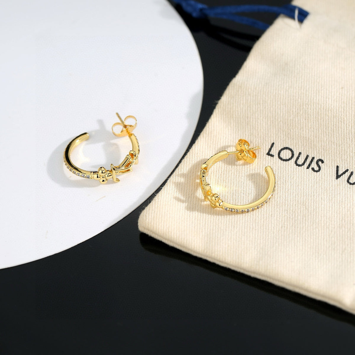 Letter Emblem Stud Earrings in Polished Metal-Tone – Design 047 styled product view