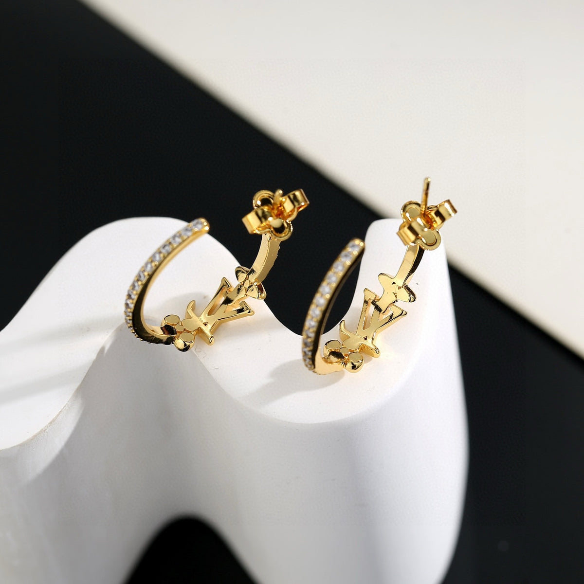 Letter Emblem Stud Earrings in Polished Metal-Tone – Design 044 side detail