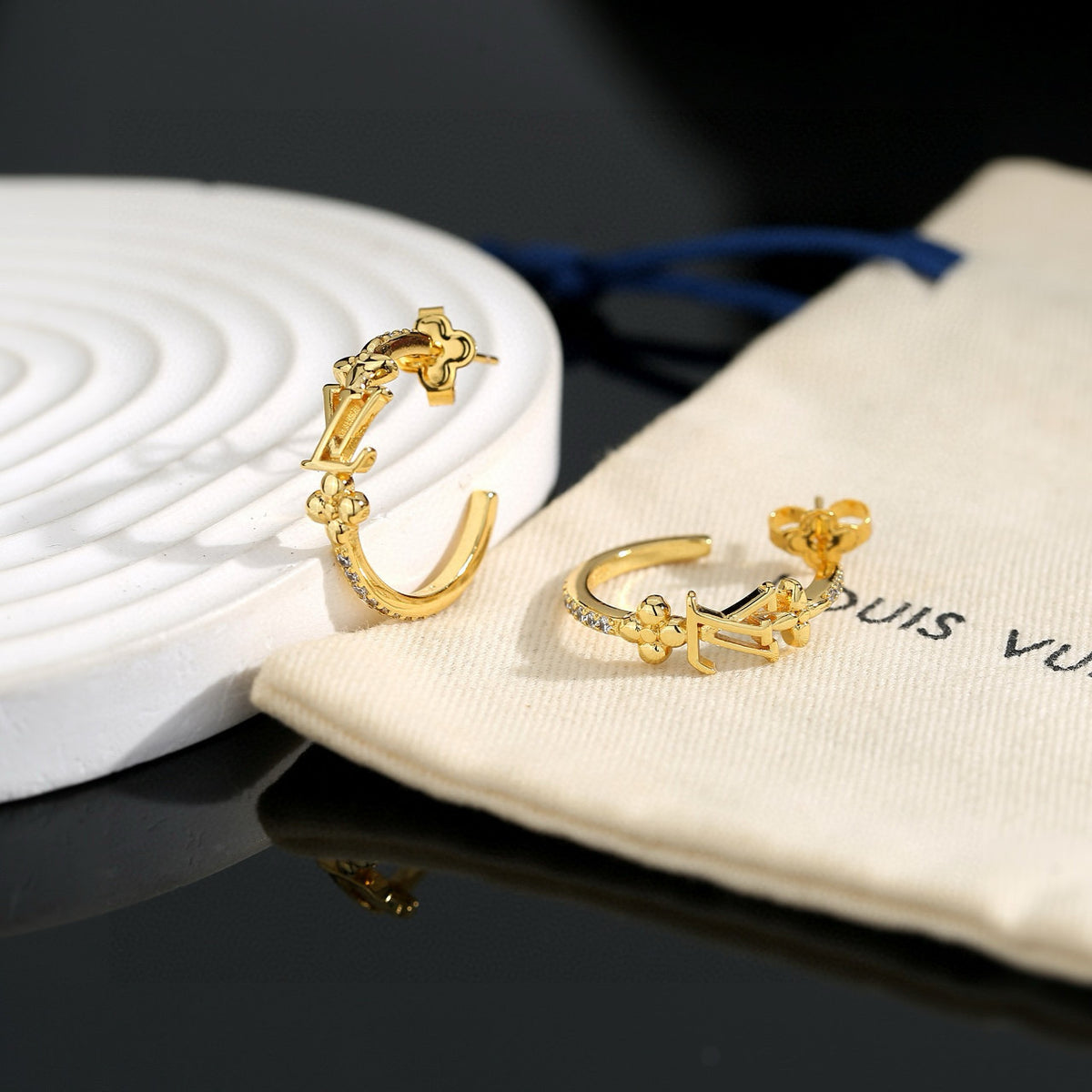 Letter Emblem Stud Earrings in Polished Metal-Tone – Design 044 main product view