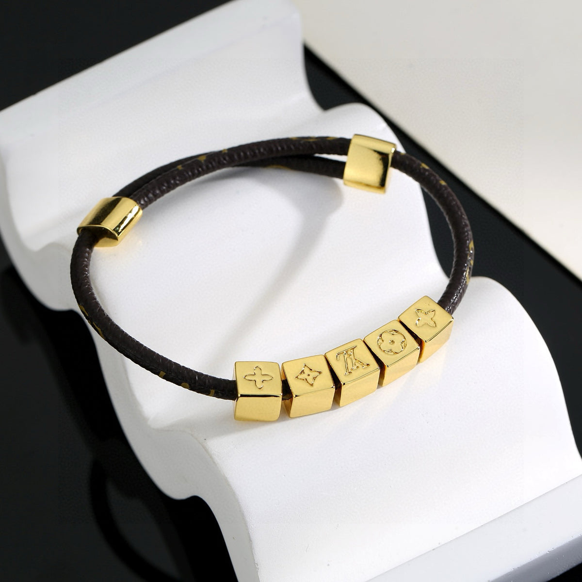 Geometric Emblem Leather-Detail Bracelet – Leather Detail – Design 028 front product view