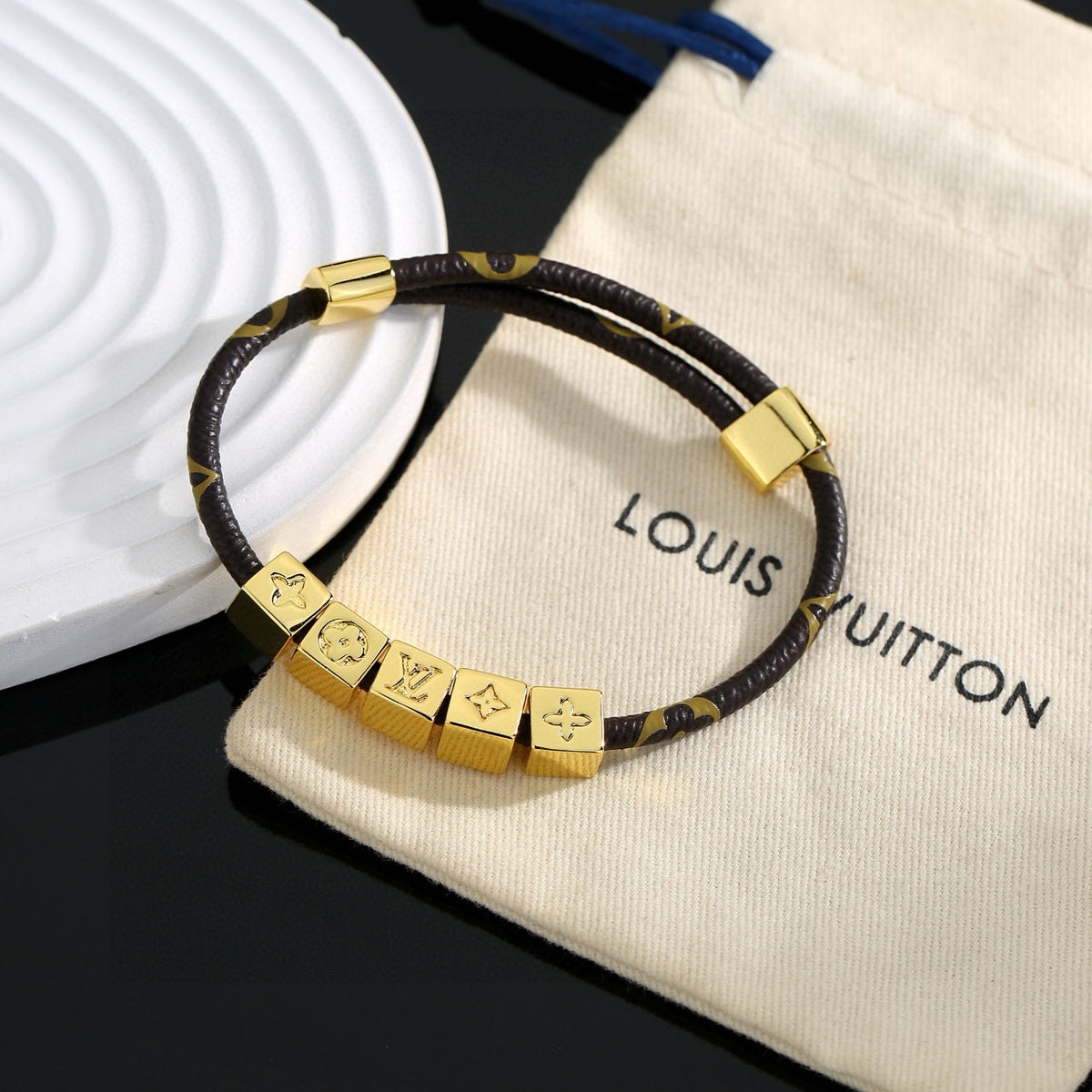 Geometric Emblem Leather-Detail Bracelet – Leather Detail – Design 028 main product view