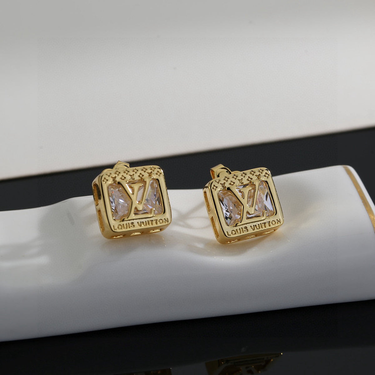 Geometric Emblem Stud Earrings in Polished Metal-Tone – Design 046 close-up detail