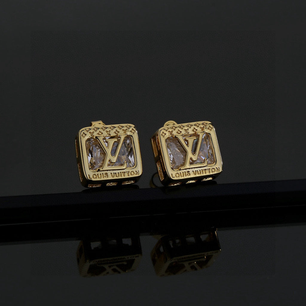Geometric Emblem Stud Earrings in Polished Metal-Tone – Design 045 front product view