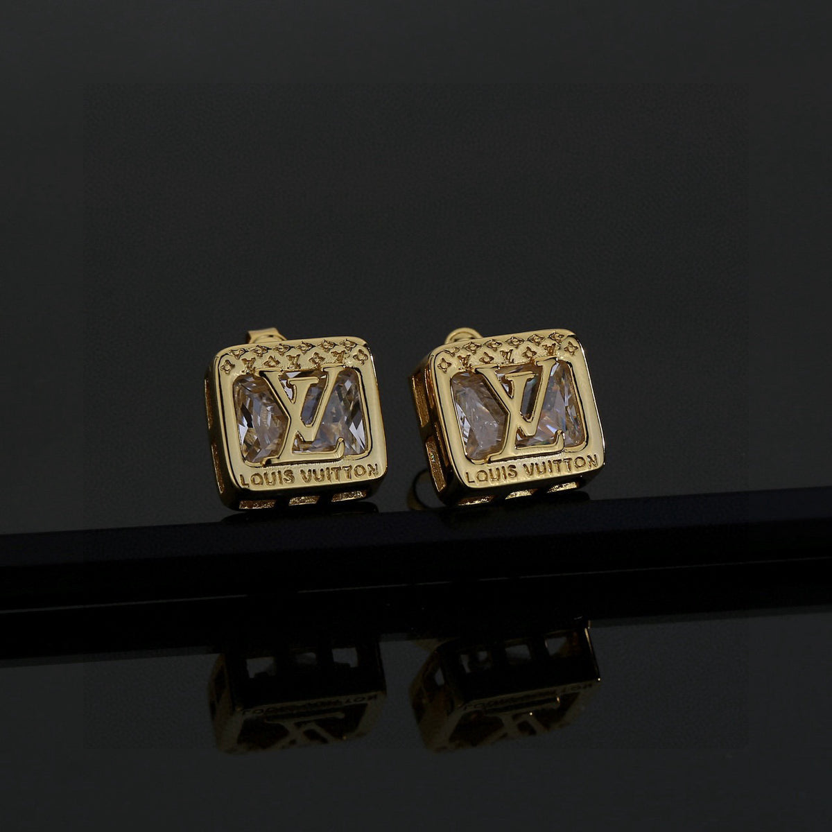 Geometric Emblem Stud Earrings in Polished Metal-Tone – Design 045 front product view