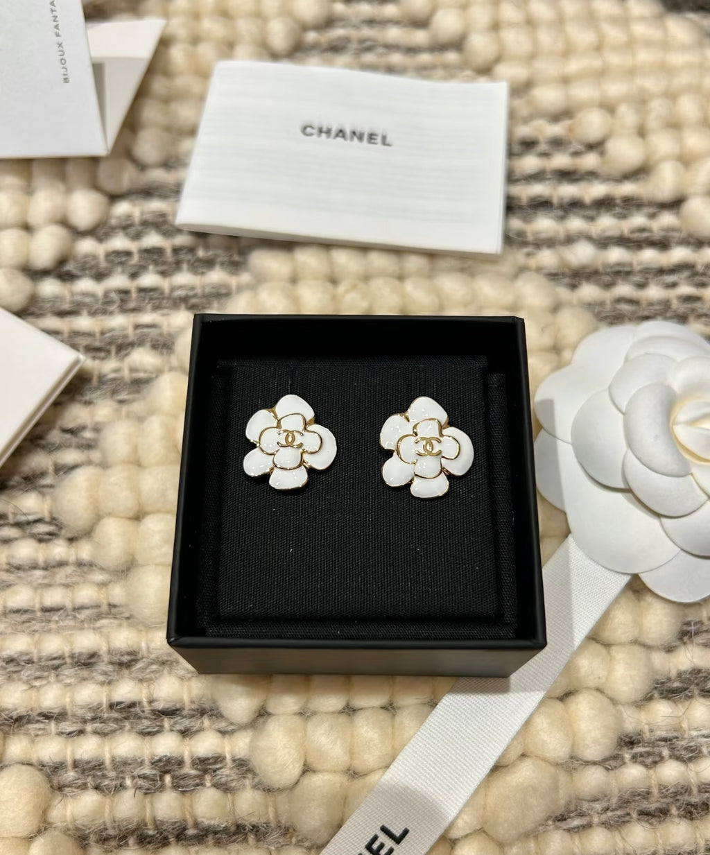 Camellia Stud Earrings in Polished Metal-Tone – Camellia Detail – Design 054 close-up detail