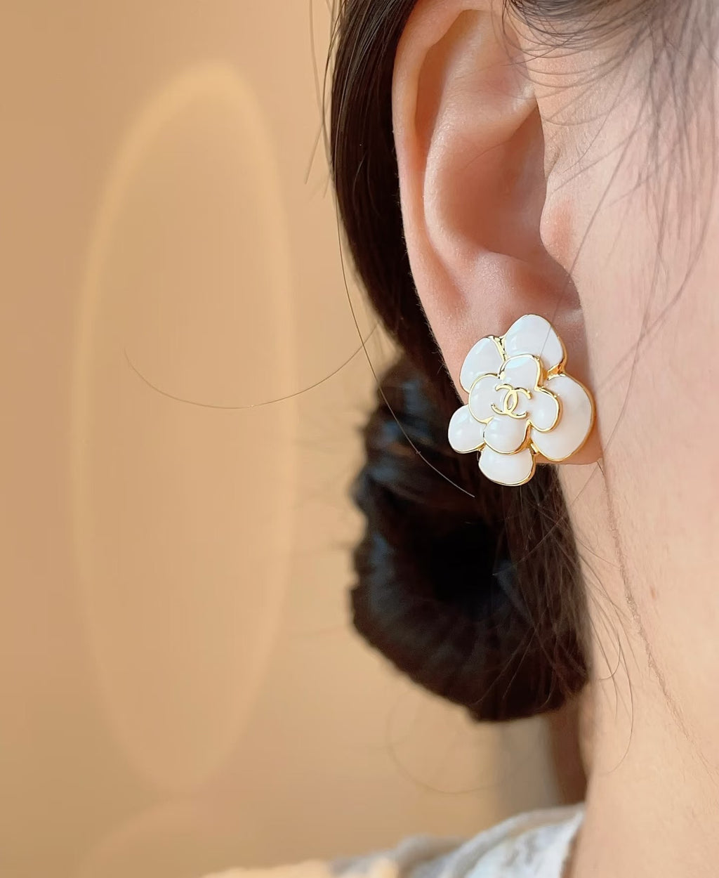 Camellia Stud Earrings in Polished Metal-Tone – Camellia Detail – Design 054 detail view