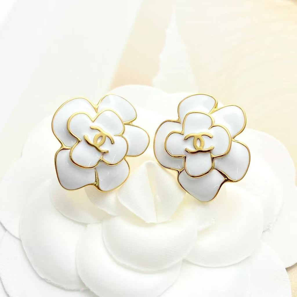 Camellia Stud Earrings in Polished Metal-Tone – Camellia Detail – Design 054 styled product view